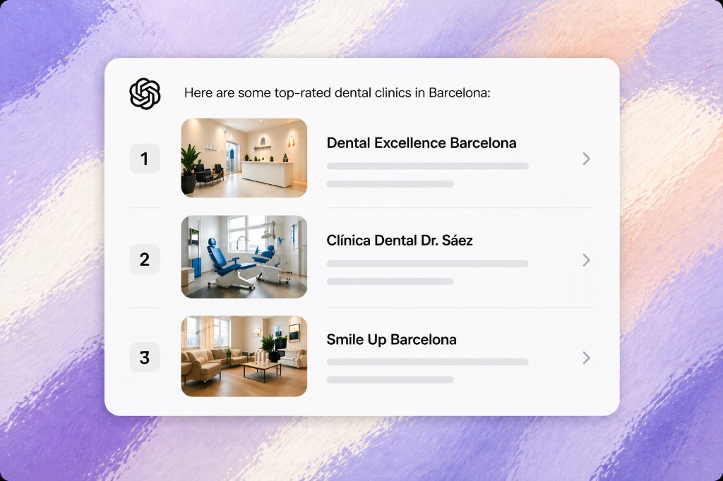 ChatGPT answer listing three Barcelona dental clinics—Dental Excellence Barcelona, Clínica Dental Dr. Sáez, and Smile Up Barcelona—with thumbnails