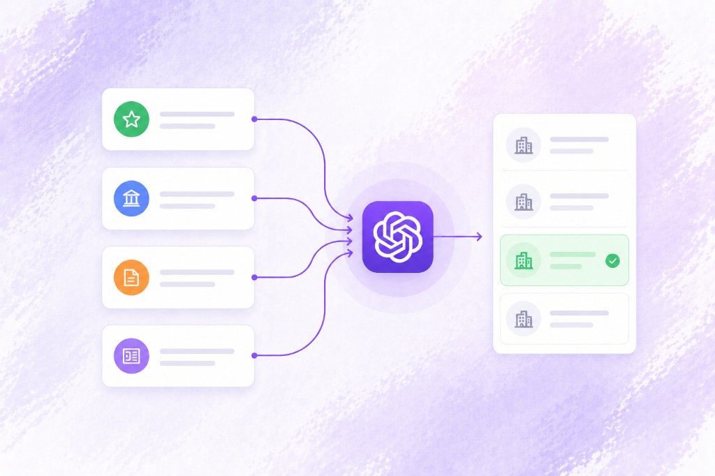 Infographic: web signals from reviews, directories, articles, and trusted sources flow into ChatGPT and help surface a recommended business in the answer list
