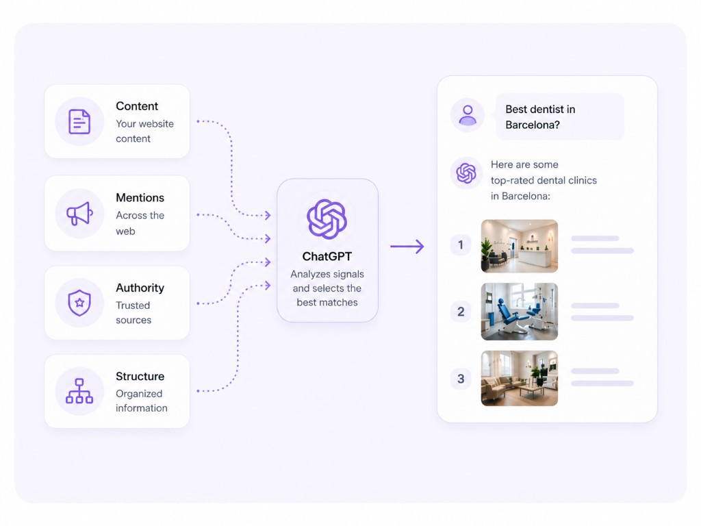 How ChatGPT weighs website content, mentions, authority, and structure when recommending businesses — example answers for a local search query.