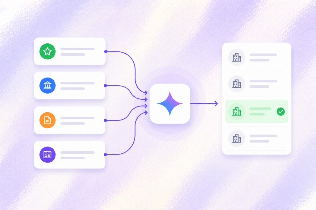 Infographic: reviews, official sources, articles, and media flow into Gemini and surface as a shortlist with one verified match highlighted