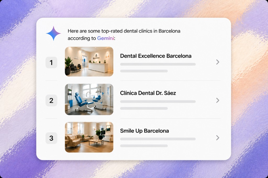 Gemini answer listing top-rated dental clinics in Barcelona with thumbnails, names, and a short intro citing Gemini