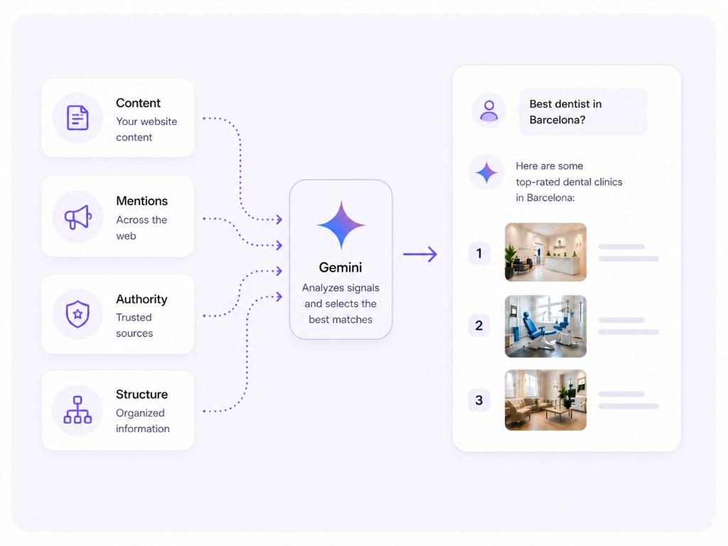 Infographic: content, mentions, authority, and structure flow into Gemini, which analyzes signals and shows ranked local results such as dentists in Barcelona