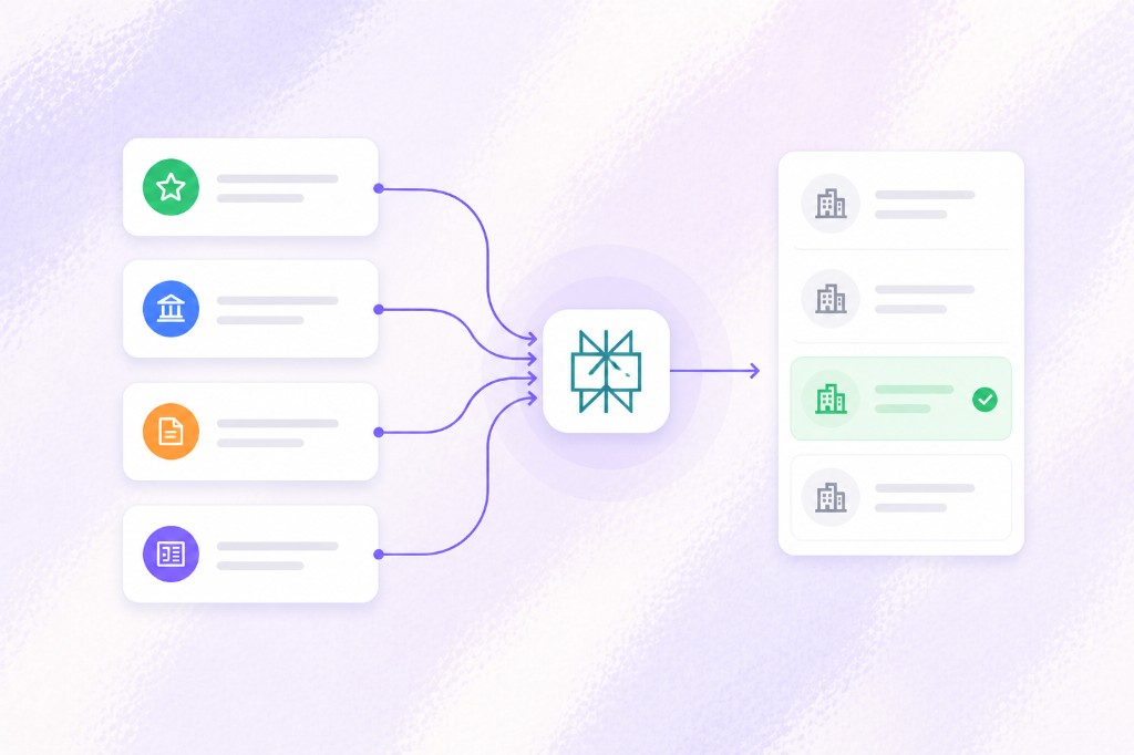 Infographic: reviews, official sources, articles, and media flow into Perplexity and surface as a cited shortlist with one verified match highlighted