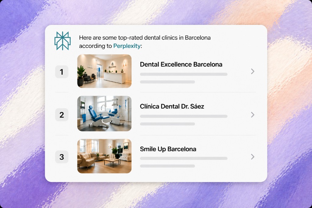 Perplexity answer listing top-rated dental clinics in Barcelona with thumbnails, names, and a short intro citing Perplexity