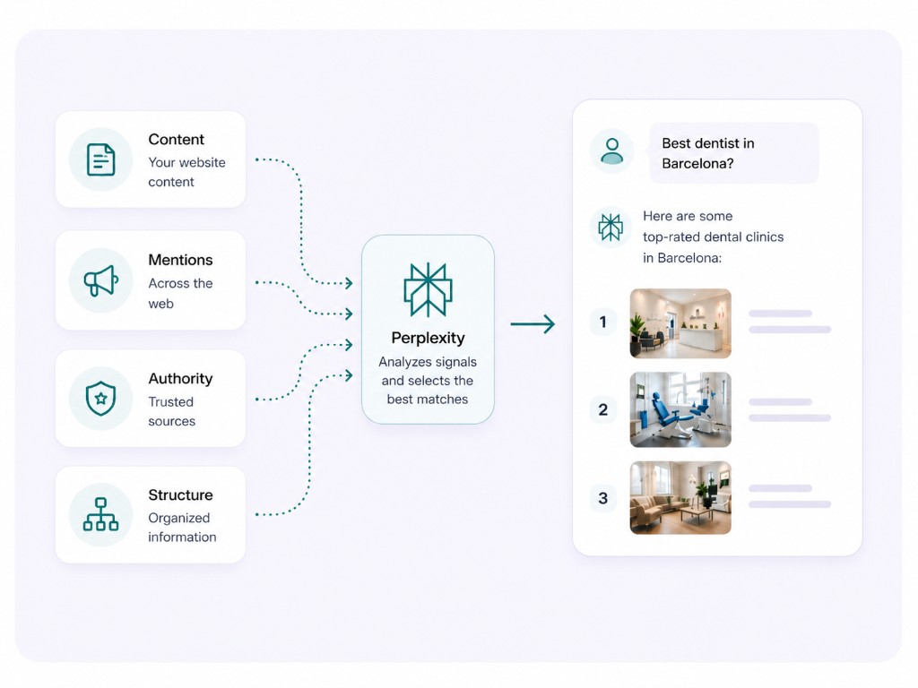 Infographic: content, mentions, authority, and structure flow into Perplexity, which analyzes signals and shows ranked local results such as dentists in Barcelona